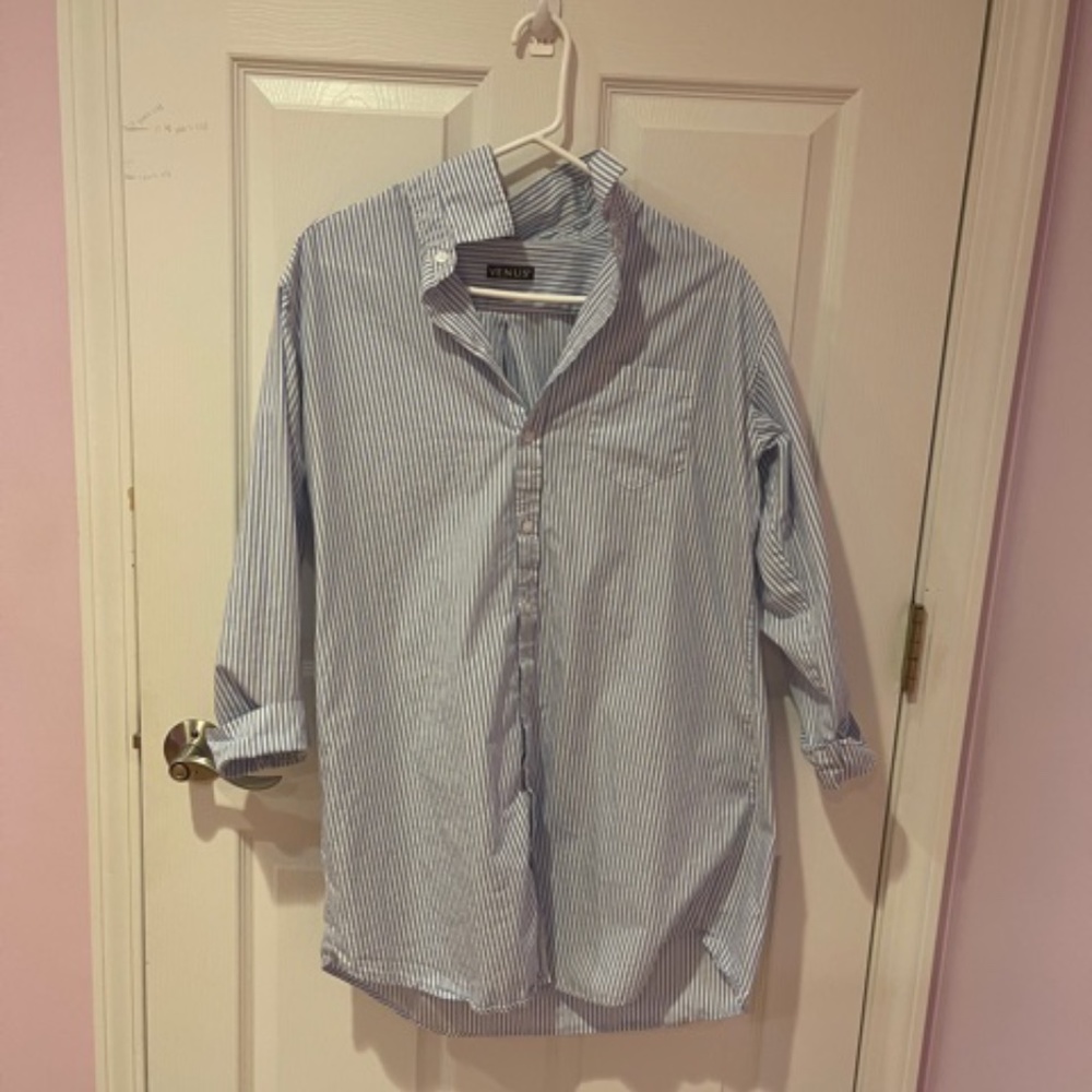 Venus Striped Blue Button Down Sleep Shirt
